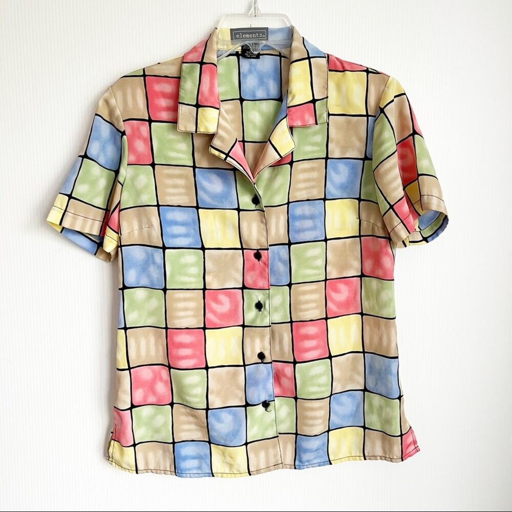 Vintage 80s 90s Elementz Pastel Colorful Button Down Blouse Medium